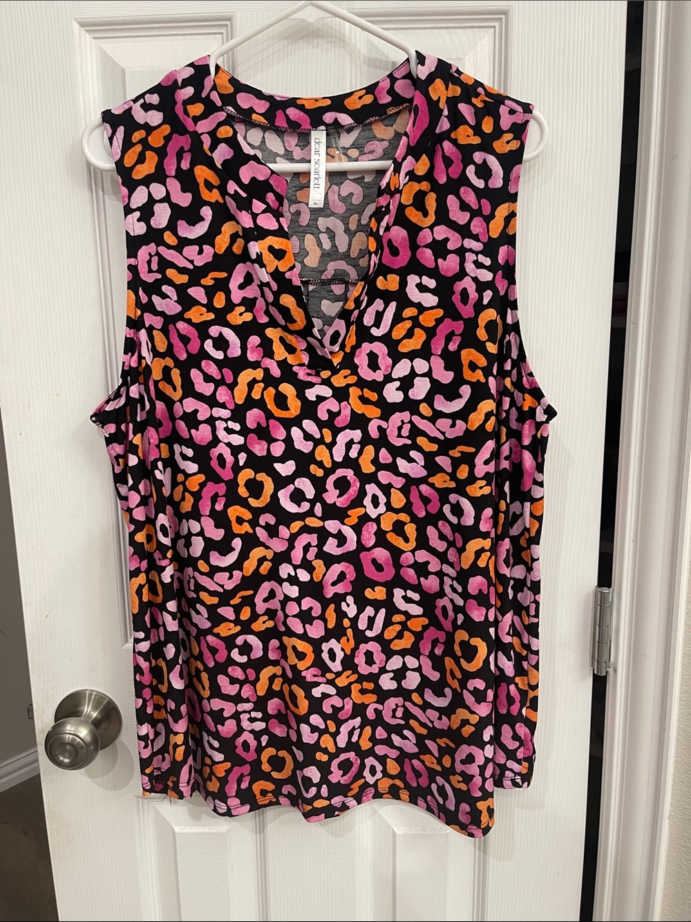 Sleeveless V-Neck Leopard Print Blouse - Black with Pink & Orange Spots